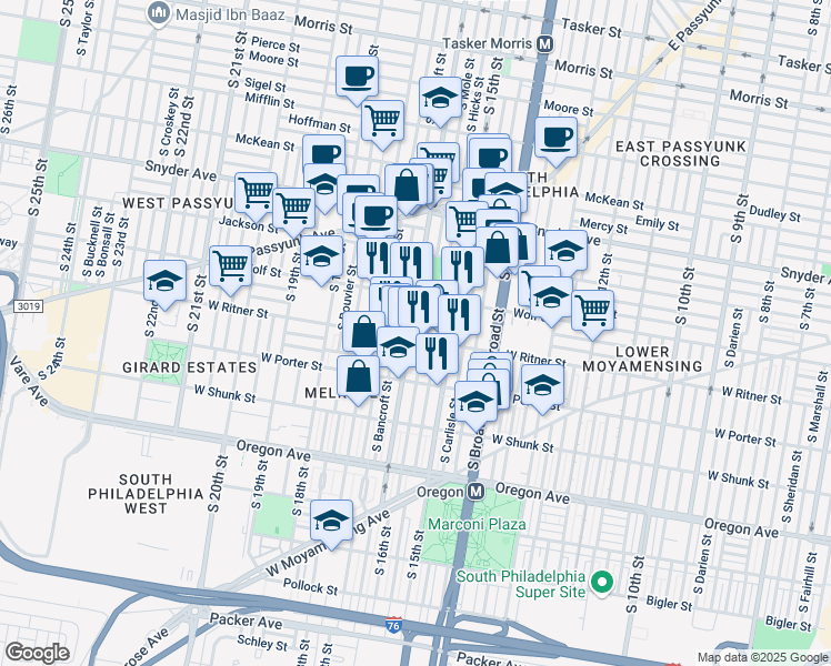 map of restaurants, bars, coffee shops, grocery stores, and more near 1602 West Ritner Street in Philadelphia