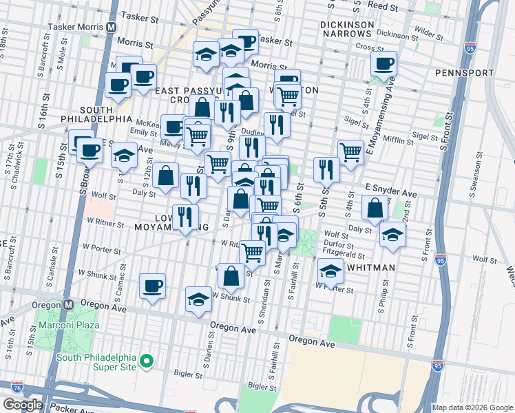 map of restaurants, bars, coffee shops, grocery stores, and more near 726 Tree Street in Philadelphia