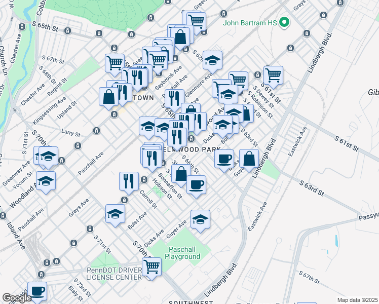 map of restaurants, bars, coffee shops, grocery stores, and more near 2519 South 66th Street in Philadelphia