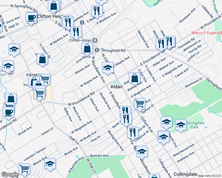 map of restaurants, bars, coffee shops, grocery stores, and more near 15 South Woodlawn Avenue in Aldan