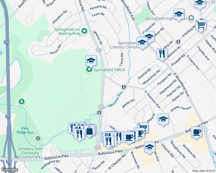 map of restaurants, bars, coffee shops, grocery stores, and more near 97 West Sproul Road in Springfield