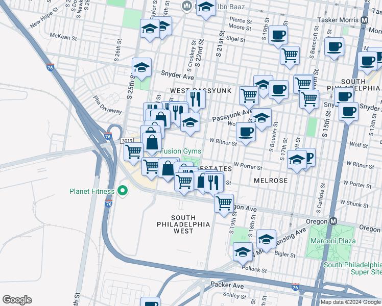 map of restaurants, bars, coffee shops, grocery stores, and more near 2121 W Porter St in Philadelphia