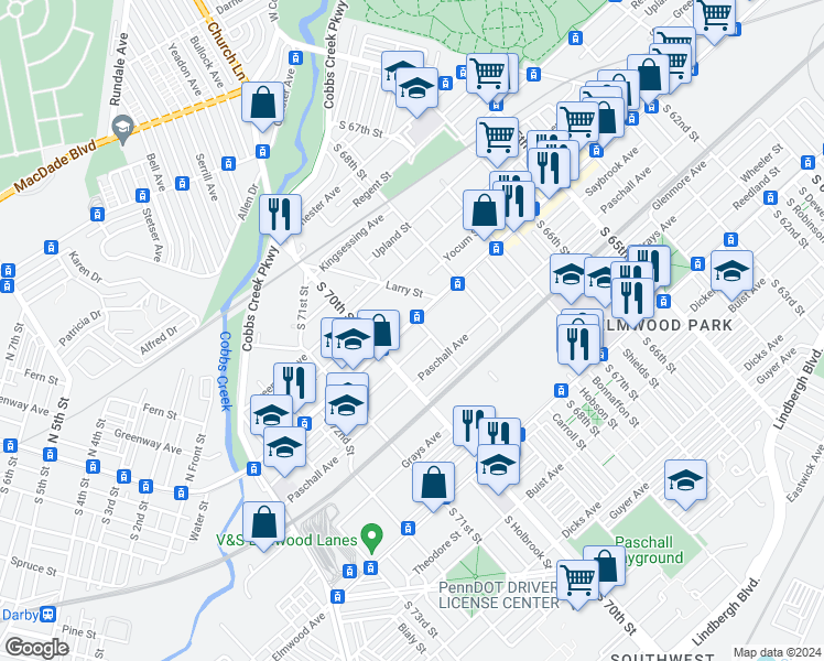 map of restaurants, bars, coffee shops, grocery stores, and more near 6906 Woodland Avenue in Philadelphia