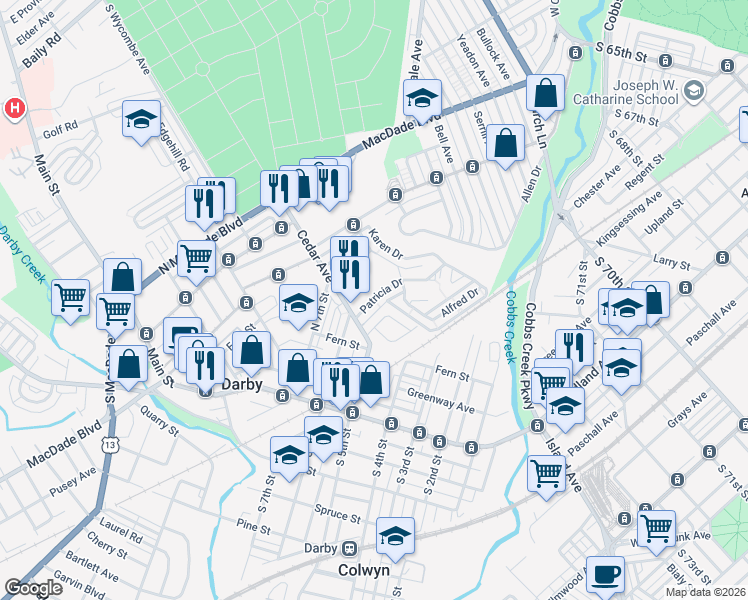 map of restaurants, bars, coffee shops, grocery stores, and more near 1603 Patricia Drive in Yeadon