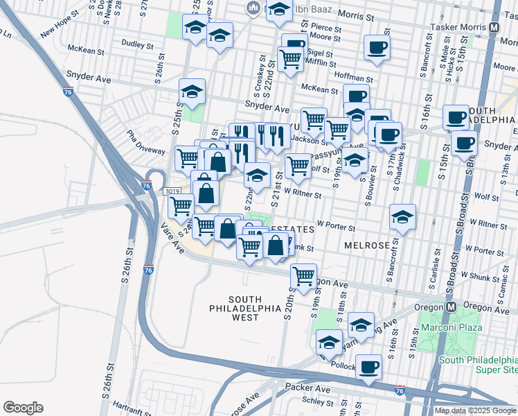 map of restaurants, bars, coffee shops, grocery stores, and more near 2121 W Porter St in Philadelphia