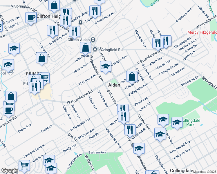 map of restaurants, bars, coffee shops, grocery stores, and more near 15 South Woodlawn Avenue in Aldan