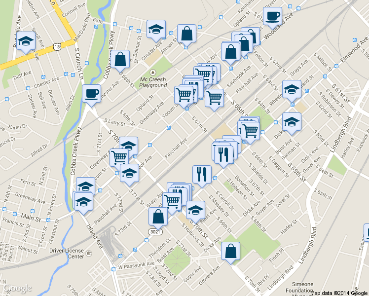 map of restaurants, bars, coffee shops, grocery stores, and more near 6800 Paschall Ave in Philadelphia
