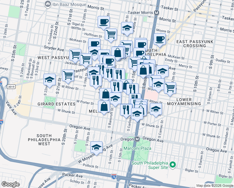 map of restaurants, bars, coffee shops, grocery stores, and more near 1602 West Ritner Street in Philadelphia