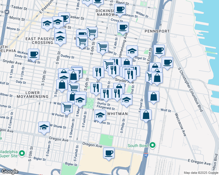 map of restaurants, bars, coffee shops, grocery stores, and more near 2133 South 4th Street in Philadelphia