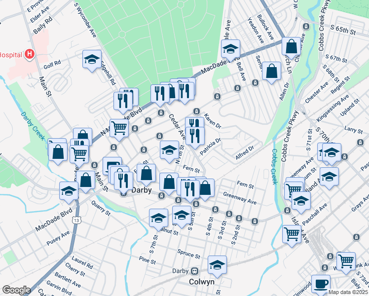 map of restaurants, bars, coffee shops, grocery stores, and more near 251 North 7th Street in Darby