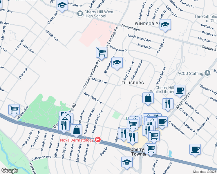 map of restaurants, bars, coffee shops, grocery stores, and more near 217 Massachusetts Avenue in Cherry Hill