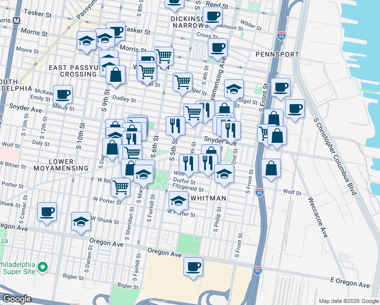 map of restaurants, bars, coffee shops, grocery stores, and more near 424 Jackson Street in Philadelphia
