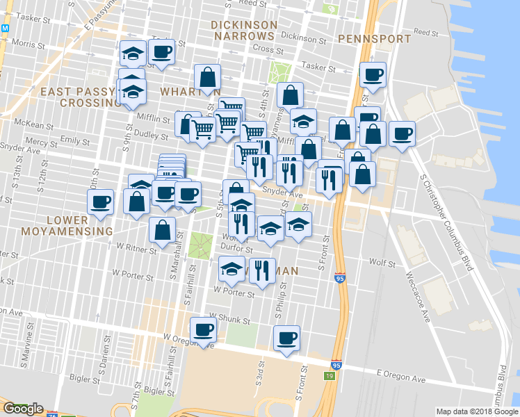 map of restaurants, bars, coffee shops, grocery stores, and more near 356 Winton Street in Philadelphia