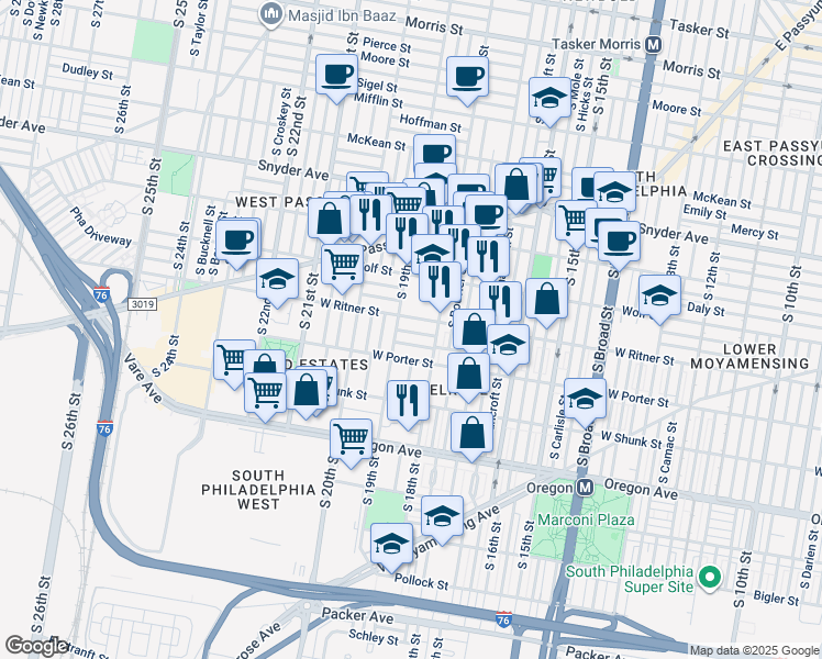 map of restaurants, bars, coffee shops, grocery stores, and more near 1837 Gladstone Street in Philadelphia