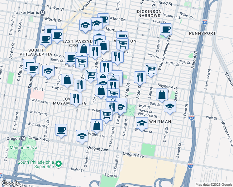 map of restaurants, bars, coffee shops, grocery stores, and more near 709 Daly Street in Philadelphia