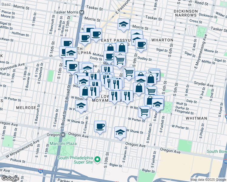 map of restaurants, bars, coffee shops, grocery stores, and more near 1021 Wolf St in Philadelphia