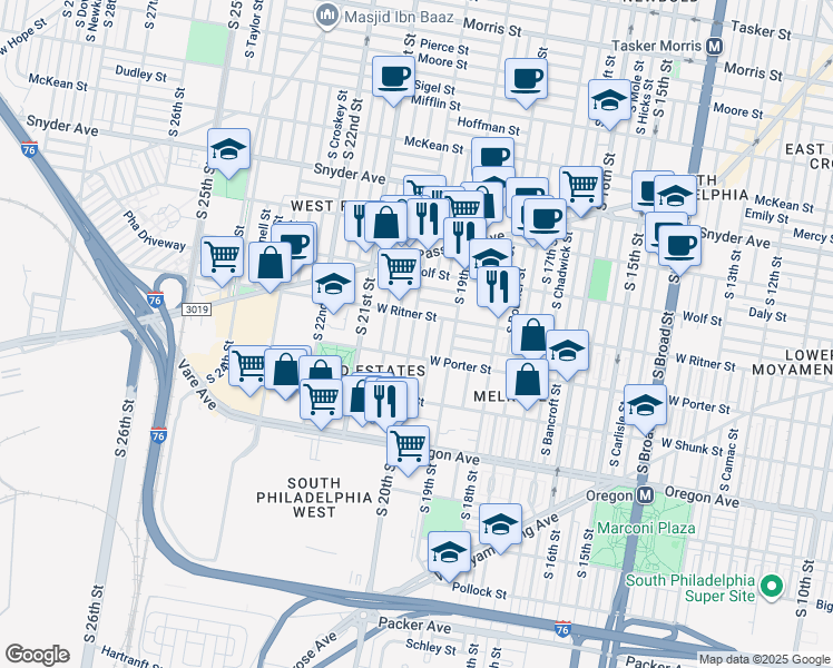 map of restaurants, bars, coffee shops, grocery stores, and more near 2423 South 20th Street in Philadelphia