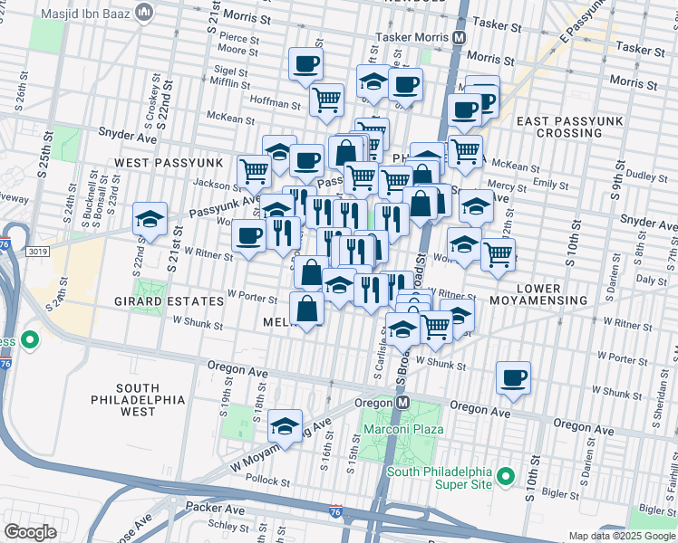 map of restaurants, bars, coffee shops, grocery stores, and more near 1613 West Ritner Street in Philadelphia