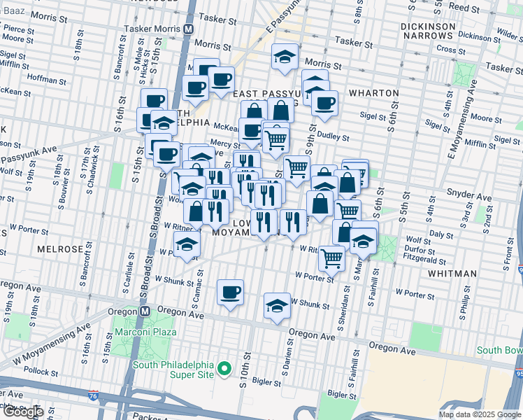 map of restaurants, bars, coffee shops, grocery stores, and more near 1021 Wolf St in Philadelphia