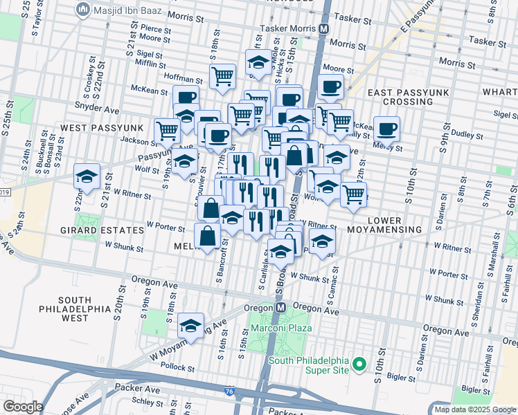 map of restaurants, bars, coffee shops, grocery stores, and more near 2339 South Hicks Street in Philadelphia