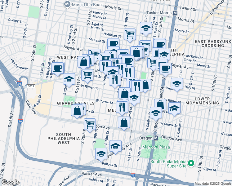 map of restaurants, bars, coffee shops, grocery stores, and more near 1736 West Ritner Street in Philadelphia