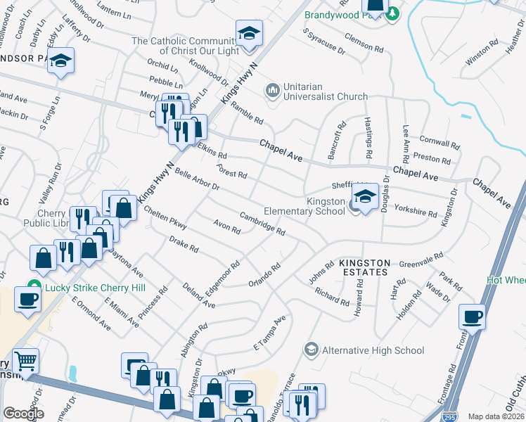map of restaurants, bars, coffee shops, grocery stores, and more near 226 Belle Arbor Drive in Cherry Hill