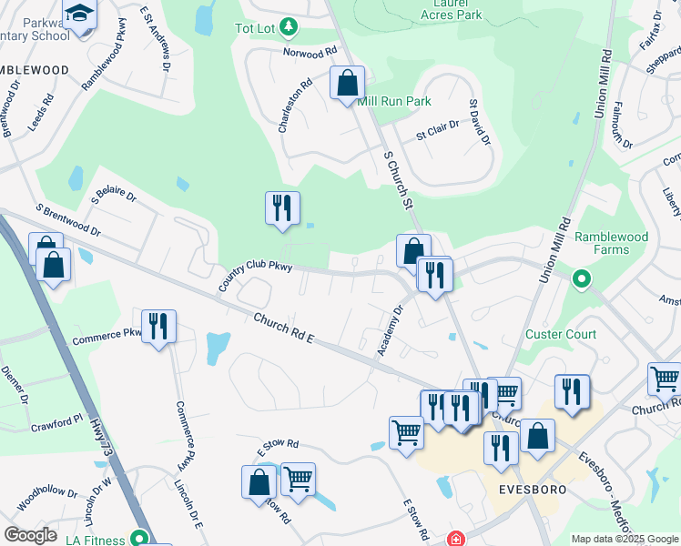 map of restaurants, bars, coffee shops, grocery stores, and more near 596 Country Club Parkway in Mount Laurel