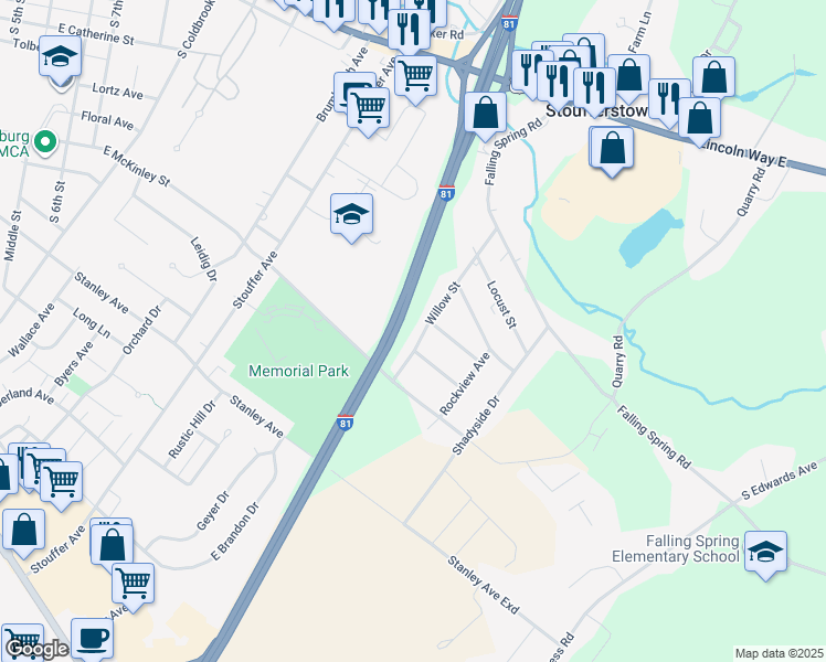 map of restaurants, bars, coffee shops, grocery stores, and more near 641 Willow Street in Chambersburg