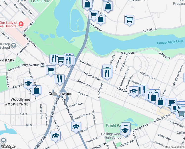 map of restaurants, bars, coffee shops, grocery stores, and more near 233 Haddon Avenue in Collingswood