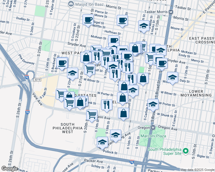 map of restaurants, bars, coffee shops, grocery stores, and more near 1837 Gladstone Street in Philadelphia