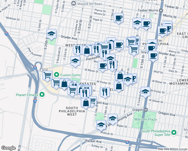 map of restaurants, bars, coffee shops, grocery stores, and more near 2423 South 20th Street in Philadelphia