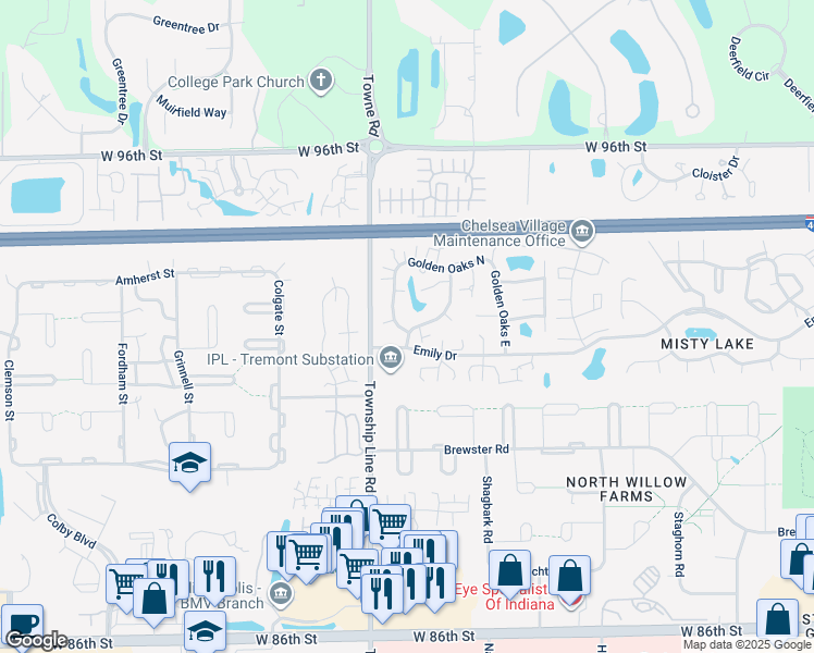 map of restaurants, bars, coffee shops, grocery stores, and more near 9192 Golden Leaf Way in Indianapolis