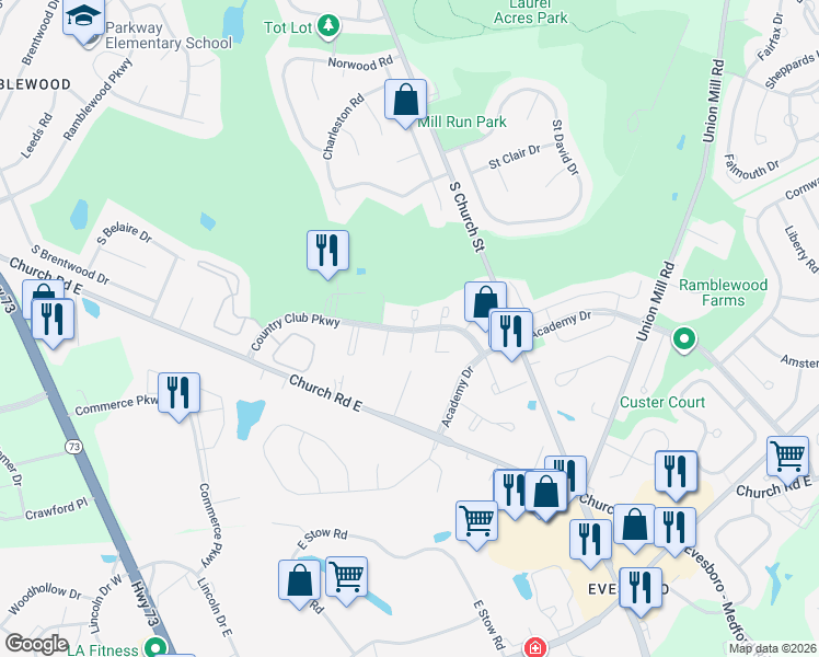 map of restaurants, bars, coffee shops, grocery stores, and more near 807 Country Club Parkway in Mount Laurel Township