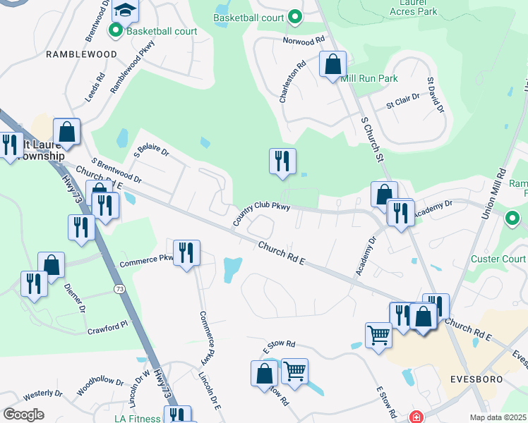 map of restaurants, bars, coffee shops, grocery stores, and more near 903 Cypress Point Circle in Mount Laurel Township