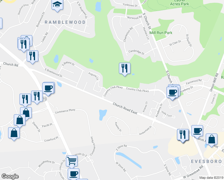 map of restaurants, bars, coffee shops, grocery stores, and more near 903 Cypress Point Circle in Mount Laurel Township