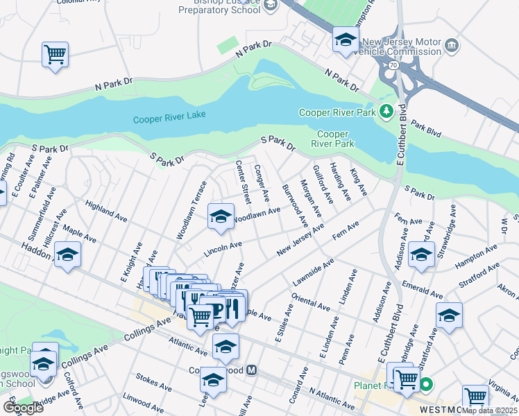 map of restaurants, bars, coffee shops, grocery stores, and more near 501 Woodlawn Avenue in Collingswood