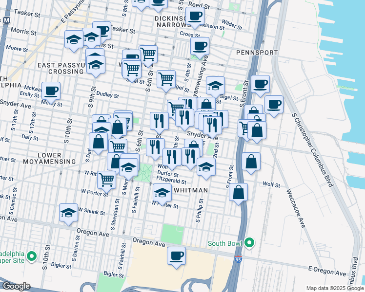 map of restaurants, bars, coffee shops, grocery stores, and more near 362 Winton Street in Philadelphia