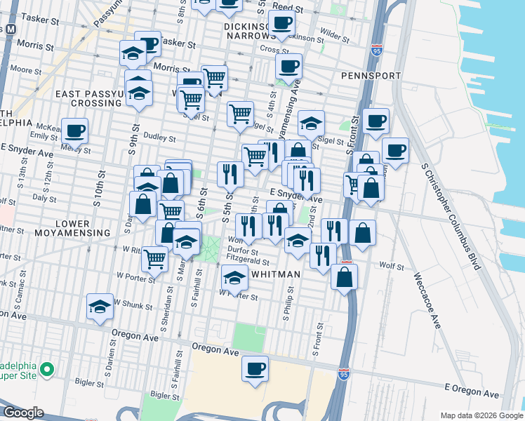 map of restaurants, bars, coffee shops, grocery stores, and more near 351 Jackson Street in Philadelphia