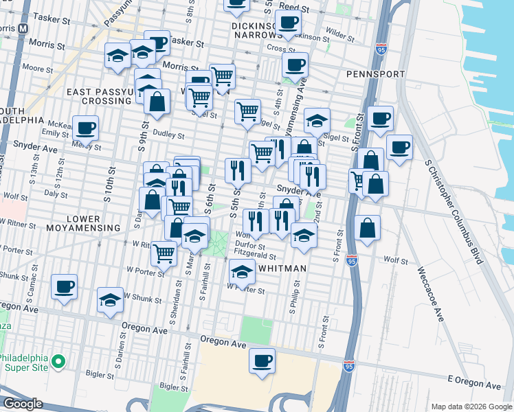 map of restaurants, bars, coffee shops, grocery stores, and more near 424 Jackson Street in Philadelphia