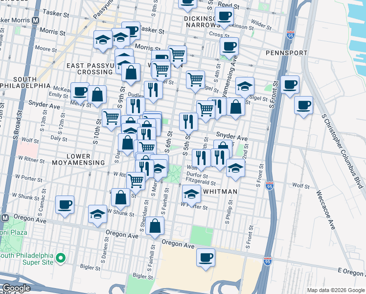 map of restaurants, bars, coffee shops, grocery stores, and more near in Philadelphia