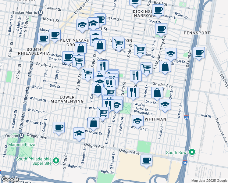 map of restaurants, bars, coffee shops, grocery stores, and more near 641 Tree Street in Philadelphia