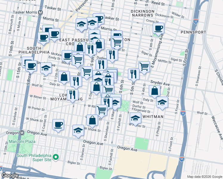 map of restaurants, bars, coffee shops, grocery stores, and more near 709 Daly Street in Philadelphia