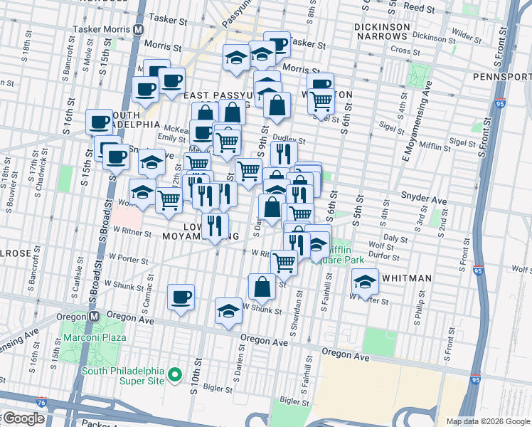 map of restaurants, bars, coffee shops, grocery stores, and more near 2230 South 8th Street in Philadelphia