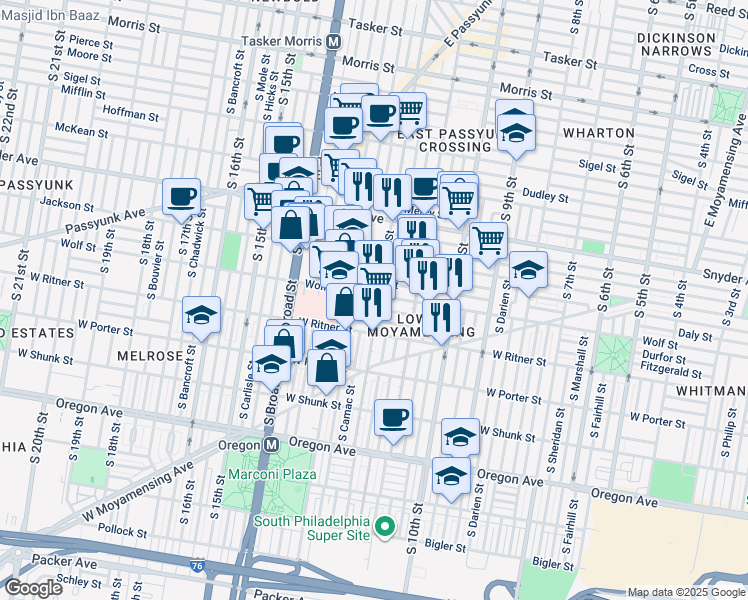 map of restaurants, bars, coffee shops, grocery stores, and more near 2313 South 12th Street in Philadelphia
