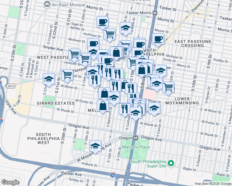 map of restaurants, bars, coffee shops, grocery stores, and more near 1602 West Ritner Street in Philadelphia