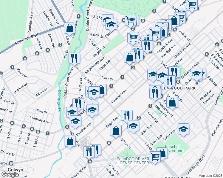 map of restaurants, bars, coffee shops, grocery stores, and more near 6915 Saybrook Avenue in Philadelphia