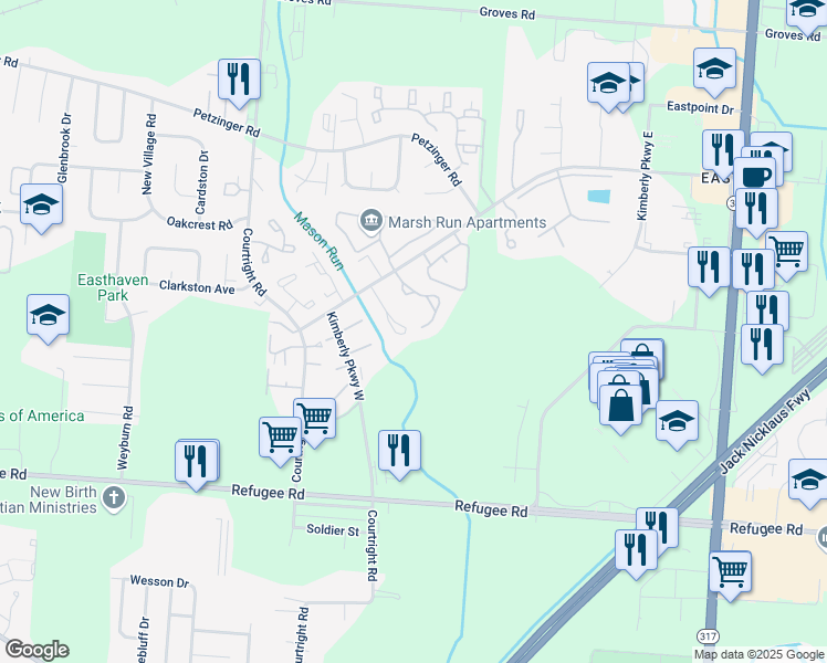 map of restaurants, bars, coffee shops, grocery stores, and more near 2537 Nassau Drive in Columbus