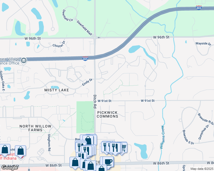 map of restaurants, bars, coffee shops, grocery stores, and more near 1314 Selkirk Lane in Indianapolis