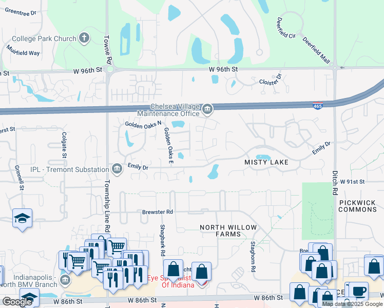 map of restaurants, bars, coffee shops, grocery stores, and more near 9214 Oak Run East Drive in Indianapolis