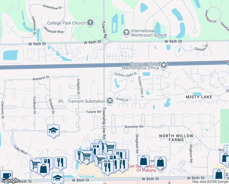 map of restaurants, bars, coffee shops, grocery stores, and more near 9192 Golden Leaf Way in Indianapolis